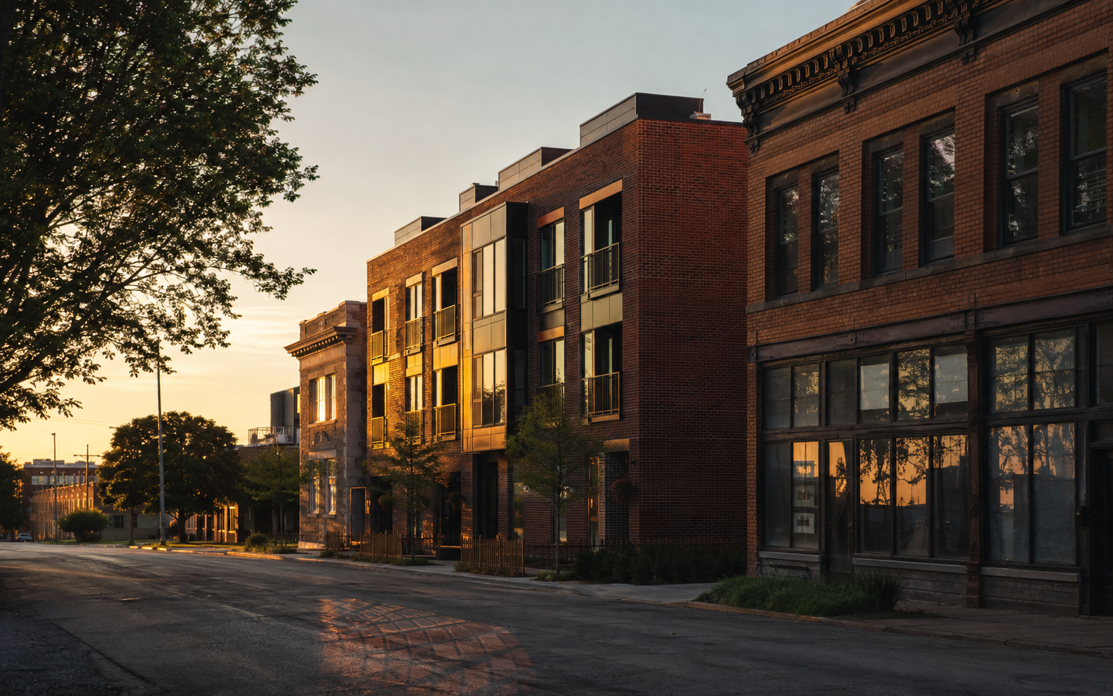 A Cleveland neighborhood street with existing brick buildings and new multifamily infill at sunset